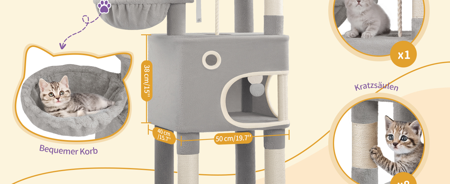 Кігтеточка для котів Hzuaneri, 159 см, з 8 стовпчиками, 3 платформами, 2 ховалами, корзиною, плюшевими кульками, мотузкою з сизалю, підходить для котів різних розмірів, MS15918LG (XL, світло-сірий)