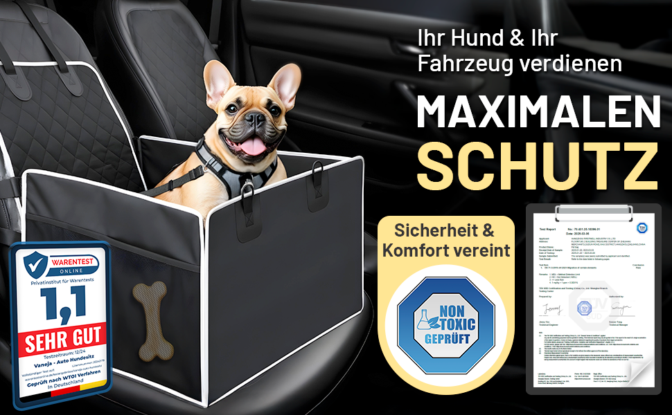 Автокрісло для собак VANEJA: безпечне та зручне автокрісло для маленьких собак, чорного кольору, з водонепроникним кошиком та фіксаторами, TÜV-сертифіковане