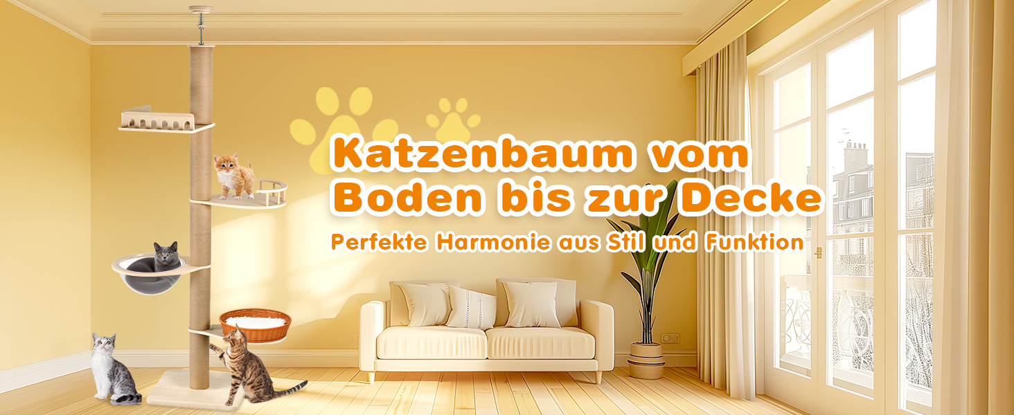 Комплекс для котів Kratzbaum з 5 поверхів, до стелі, регульована висота (255-270 см), з огорожами та сизалевими стовпами, котячий будиночок з капсулою та плетеним кошиком