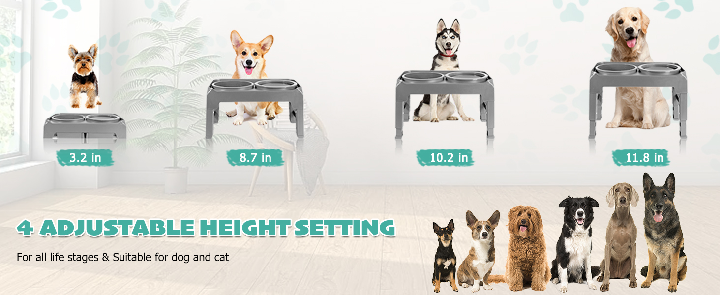 Підвищений годівниця для собак, регульована висота, повільний годівник та миска для води без розбризкування, набір, миска для корму для собак, миска для води для великих, середніх, маленьких собак, котів та домашніх тварин (сірий)