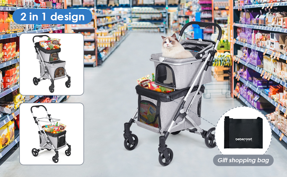 Beberoad Розкладний візок для собак, 2 яруси, для маленьких собак та котів, візок-переноска для домашніх тварин, чорний