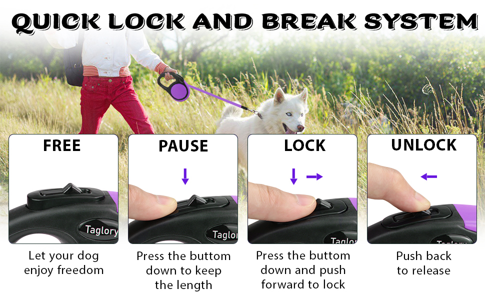 Витяжна повідка для собак середніх та великих порід Taglory, до 45 кг, 5 м, антиковзний хват, безпечна система зупинки, фіолетовий