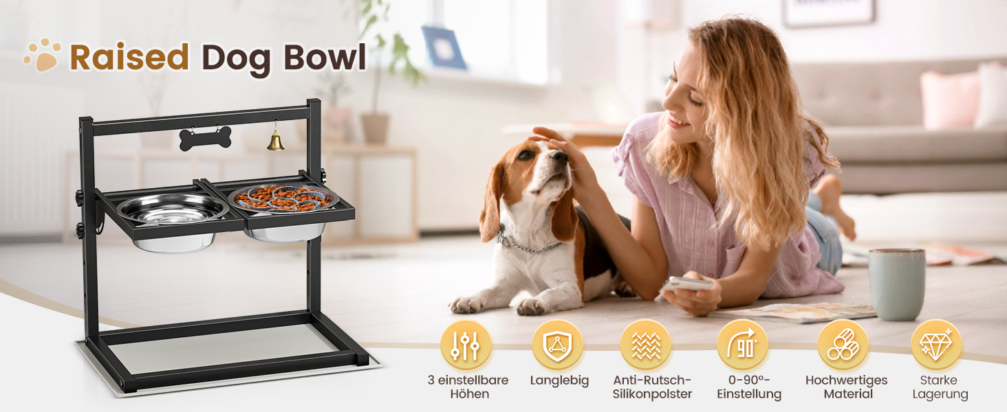 Підвищена годівниця для собак Sunowl, регульована по висоті та куту нахилу, 0-90°, 2 миски з нержавіючої сталі, повільне годування, не проливається, з килимком