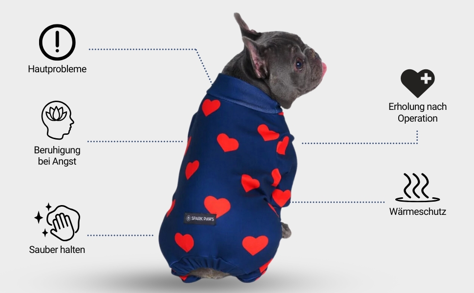 Піжама для собак Spark Paws з м'якого 4-х сторонного матеріалу, для відновлення після операції, спальний костюм-комбінезон для малих, середніх та великих собак, серця, розмір 2XL (16-25 кг)
