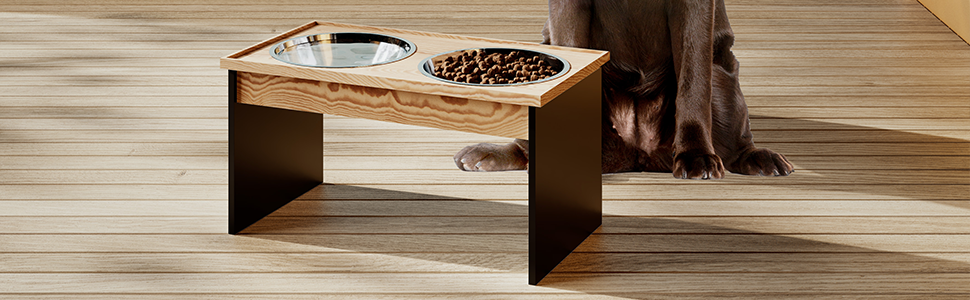 Підвищений годівниця для котів та маленьких собак TUONKEE, 2 миски з нержавіючої сталі, дерев'яний підстав з масивного дерева (чорний)