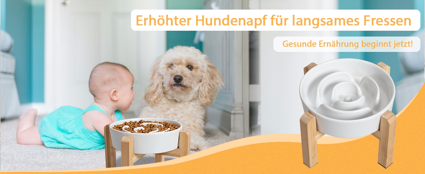 Миска для собак антиблік з кераміки, піднята - миска для собак на бамбуковому антиковзному підставці, миска для повільного годування, для собак маленьких та середніх порід, біла, діаметр 17 см, 1.25 CUP