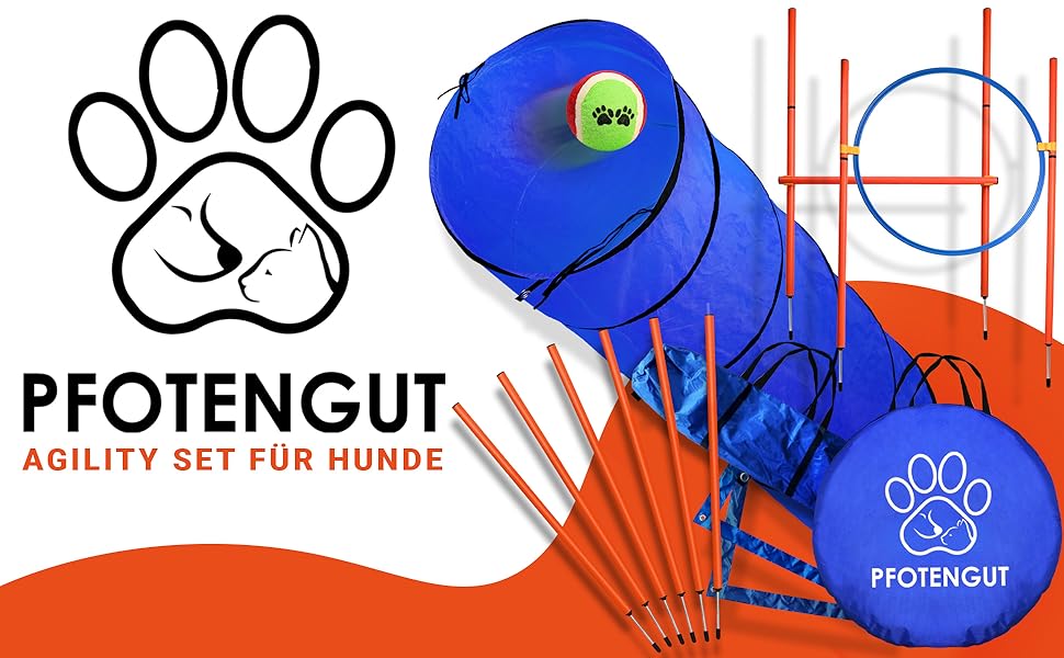 Набір для дресирування собак PfotenGUT® Agility Set [11 предметів] - універсальний набір для аджиліті з тунелем, слаломом та іншим обладнанням для тренування та спорту з собаками - з аксесуарами та сумкою для транспортування (Великий)