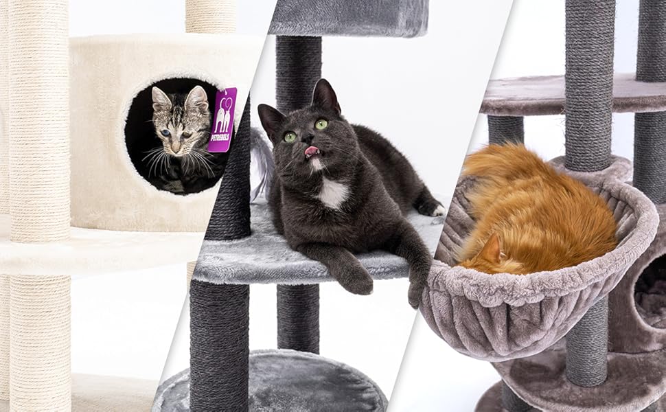 Котячий дряпак Petrebels Charlotte 134 см, преміум-якість, з гамаком, лежаком і будкою, сірий