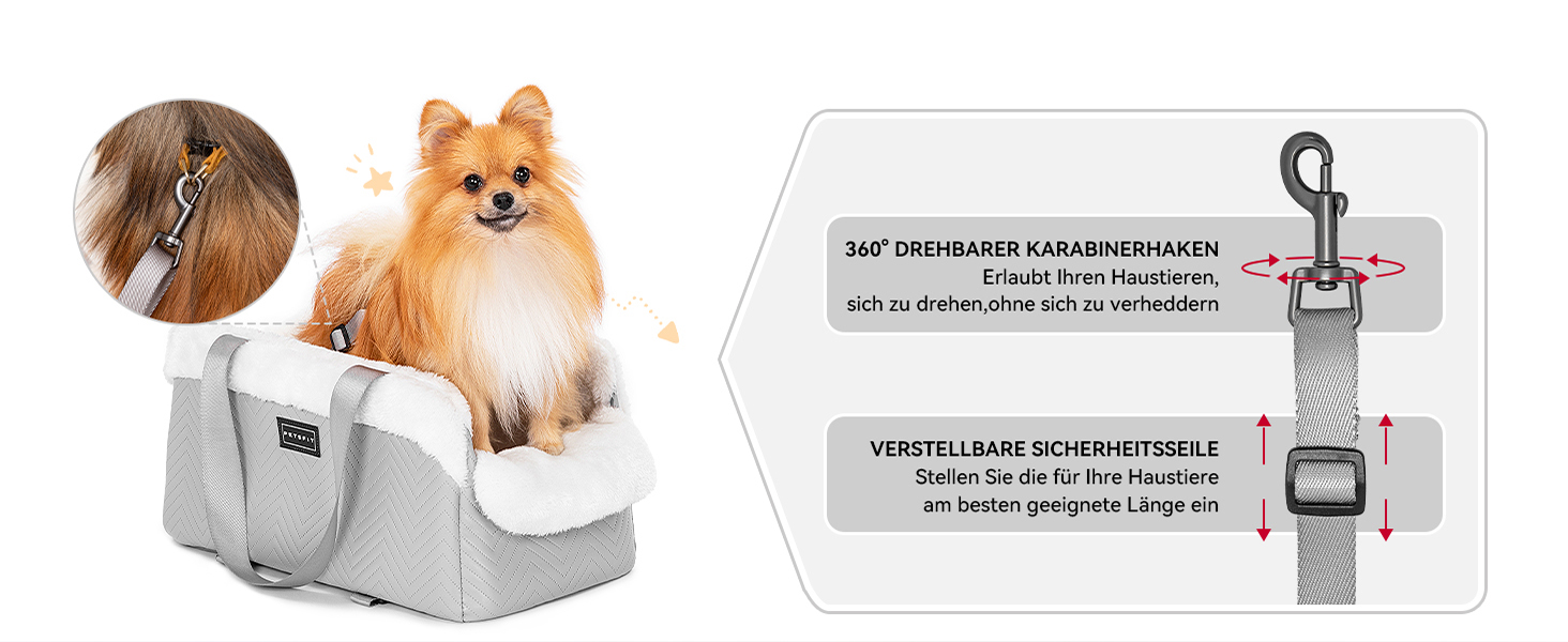 Автокрісло для собак PETSFIT, сіре та біле, для маленьких собак до 5 кг, з безпечними ременями та знімним м'яким сидінням