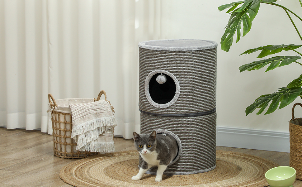 Кігтеточка Pawhut для котів, модульна, з блискавкою, розбірна, 3 яруси, 2 м'ячики, хованка, висота 69 см, сіра