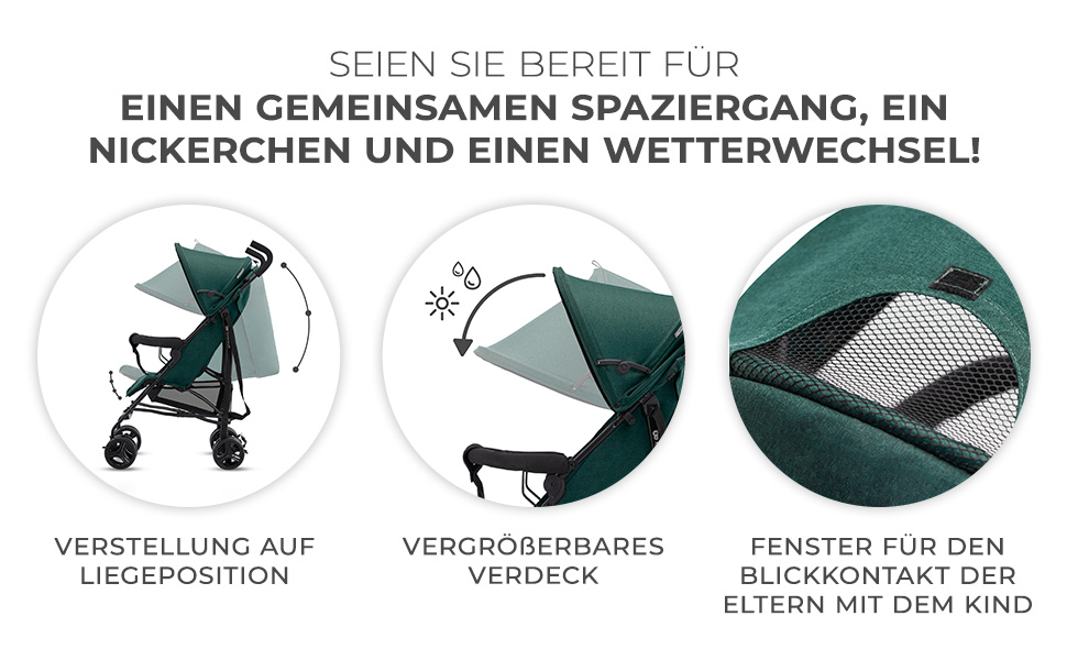 Дитяча коляска Kinderkraft TIK - легкий прогулянковий візок, 6,5 кг, поворотні колеса, регульована ручка, плавне регулювання спинки, швидке складання, до 17 кг, зелений