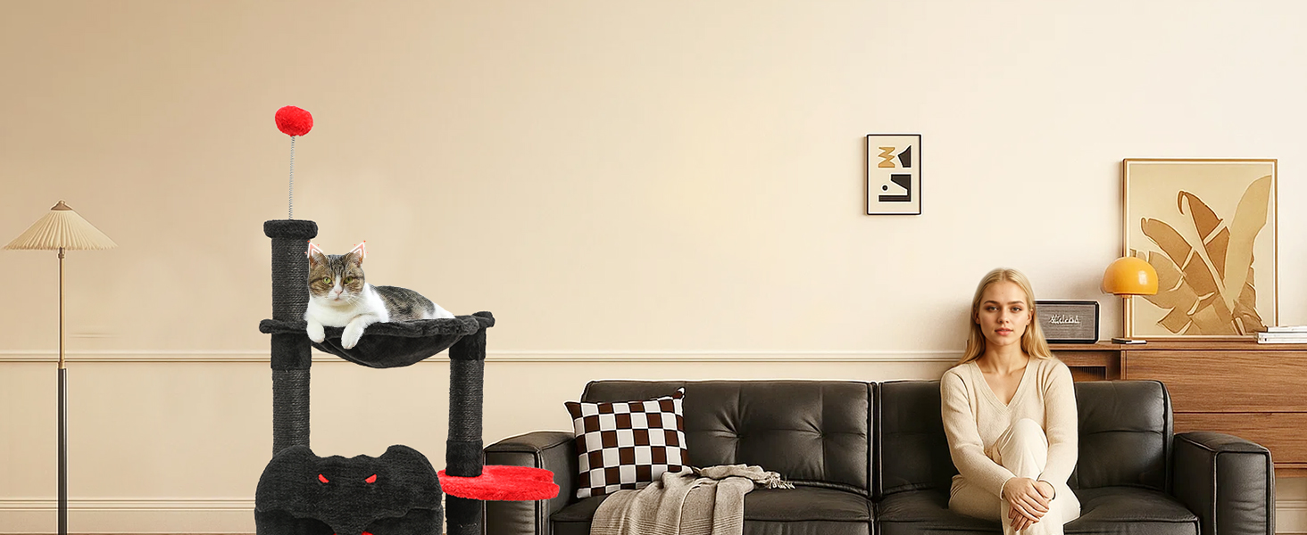 BYBYME Готичний кігтеточка для Хелловіну, 84.5 см, стійкий комплекс для котів з ліжком, будиночком, гамаком, кігтеточками з сизалю, багатофункціональна котяча іграшка (Чорний/Червоний), підлоговий, 96.5 см