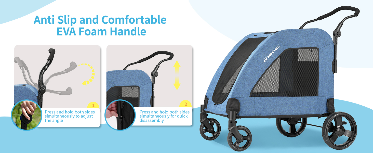 Візок для собак EchoSmile, середній та великий розмір, до 70 кг, складаний, з сітковими вікнами, регульована ручка, 4 проходимі колеса (блакитний)