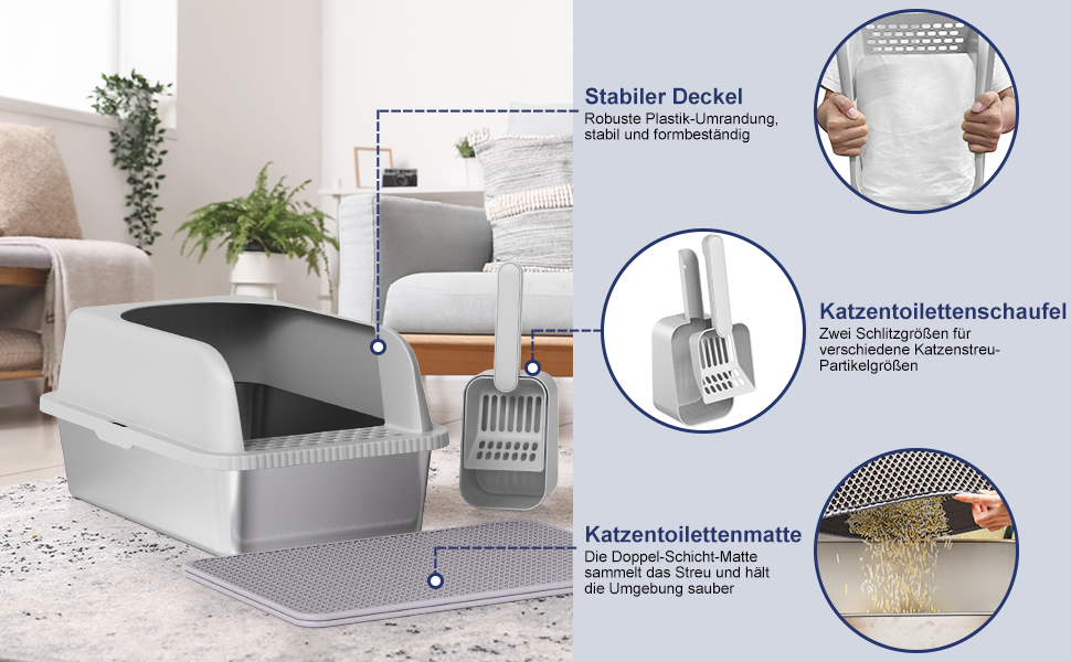 Набір для котячого туалету Vailge з нержавіючої сталі, 60x40x30 см, 28 л, з кришкою, килимком та совком