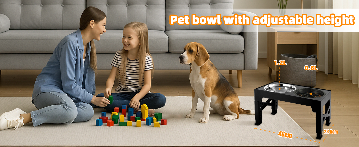 Підвищена годівниця для собак, регульована висота, великі породи - 2 x миска з нержавіючої сталі (1200 мл) + 1 x повільна годівниця (800 мл) - стійка станція для годування середніх/великих собак, чорний/сірий колір