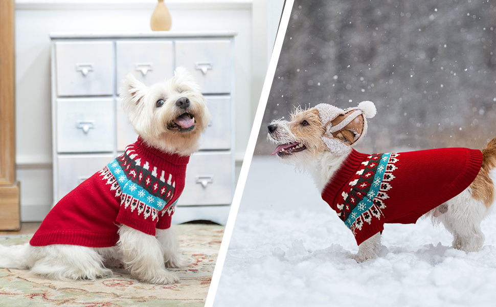 Пуловер для собак EXPAWLORER Fair Isle з візерунком Fair Isle - стильний светр, кофта для цуценят, маленьких, середніх та великих собак, з високим коміром, червоного кольору, розмір M