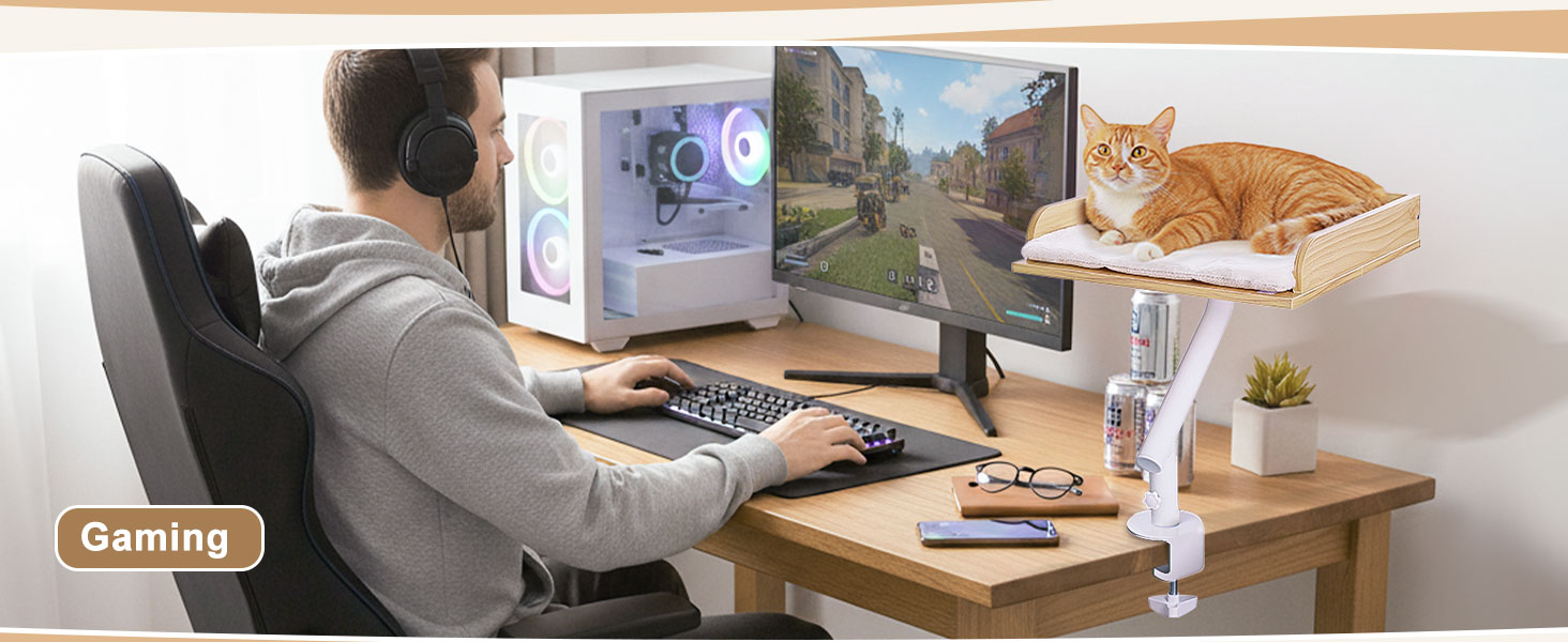 PAWZ Road: ліжко для кота на стіл, дерев'яне ліжко для котів, кошик для котів, 360° обертання та регулювання висоти, гамак для котів для дряпання, підтримує до 23 кг (Бежевий, прямокутне дерево)