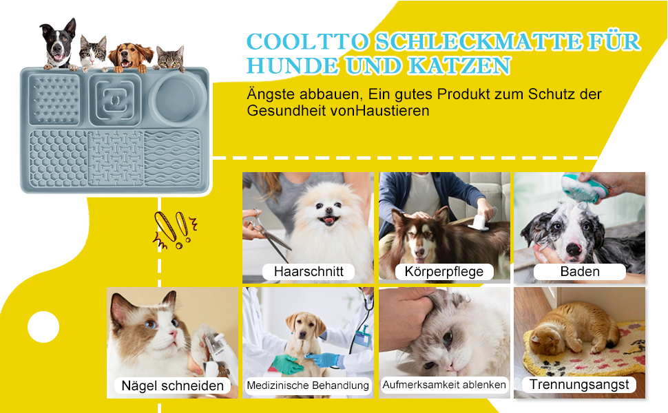 Силіконова килимок-заспокійвач для собак та котів Cooltto з мискою з нержавіючої сталі, з присосками, для грумінгу, миття та тренувань (Сірий, Модель A- 6 в 1 з 59 присосками)