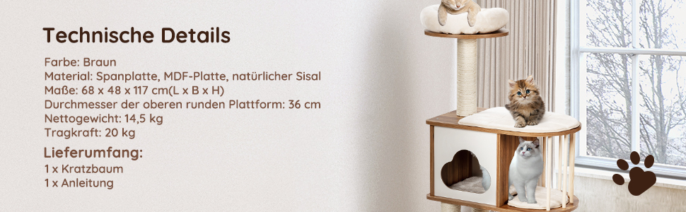 Котячий будиночок GYMAX: стабільний котячий будиночок, котячі меблі, котячий когтетоп, крізь-дерево для котів, висота 117 см (колір: коричневий)