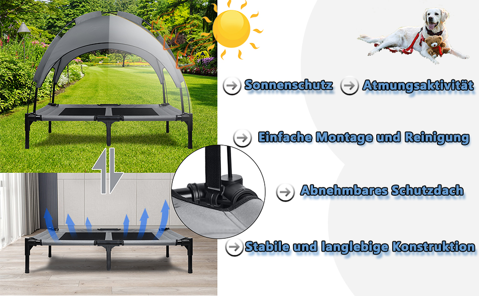 Підвищене ліжко для собак з балдахіном, 76x61x76 см, з металевим каркасом, тканинне, дихаюче, для собак та котів, для дому та вулиці