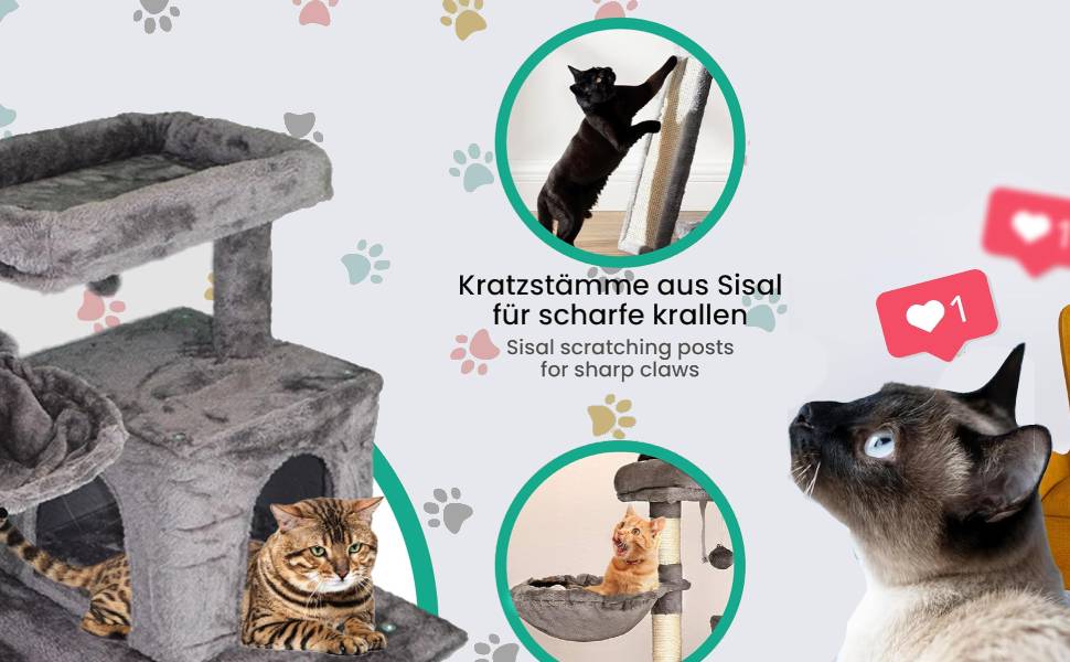 Кігтеточка-будиночок для котів DEFACTO, 143 см, з 4 кігтеточками, 2 платформами, гамаком (BEIGE)