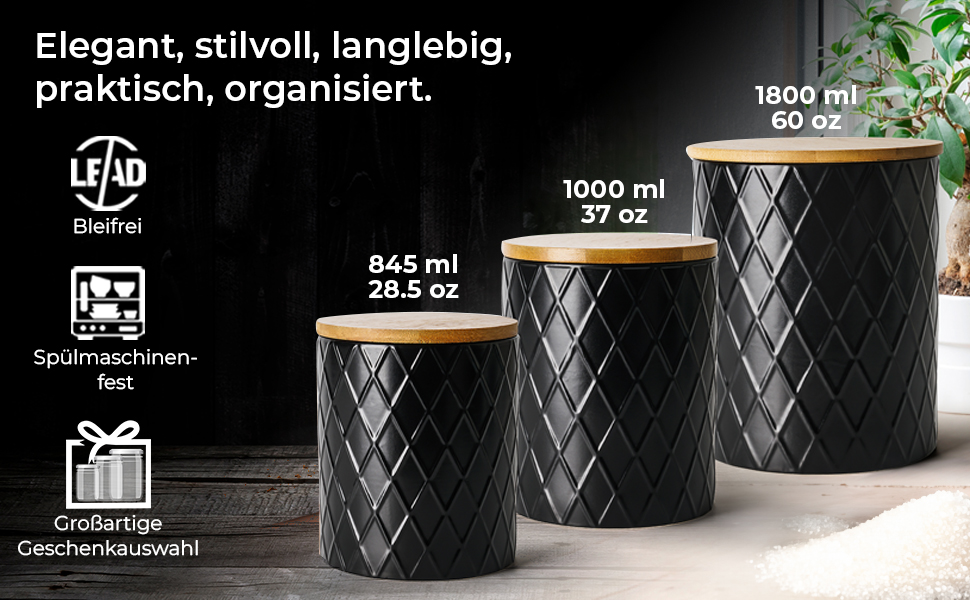 Набір з 3 вазок для зберігання Miamio Palmanova, кераміка з дерев'яним кришкою, білий та чорний кольори