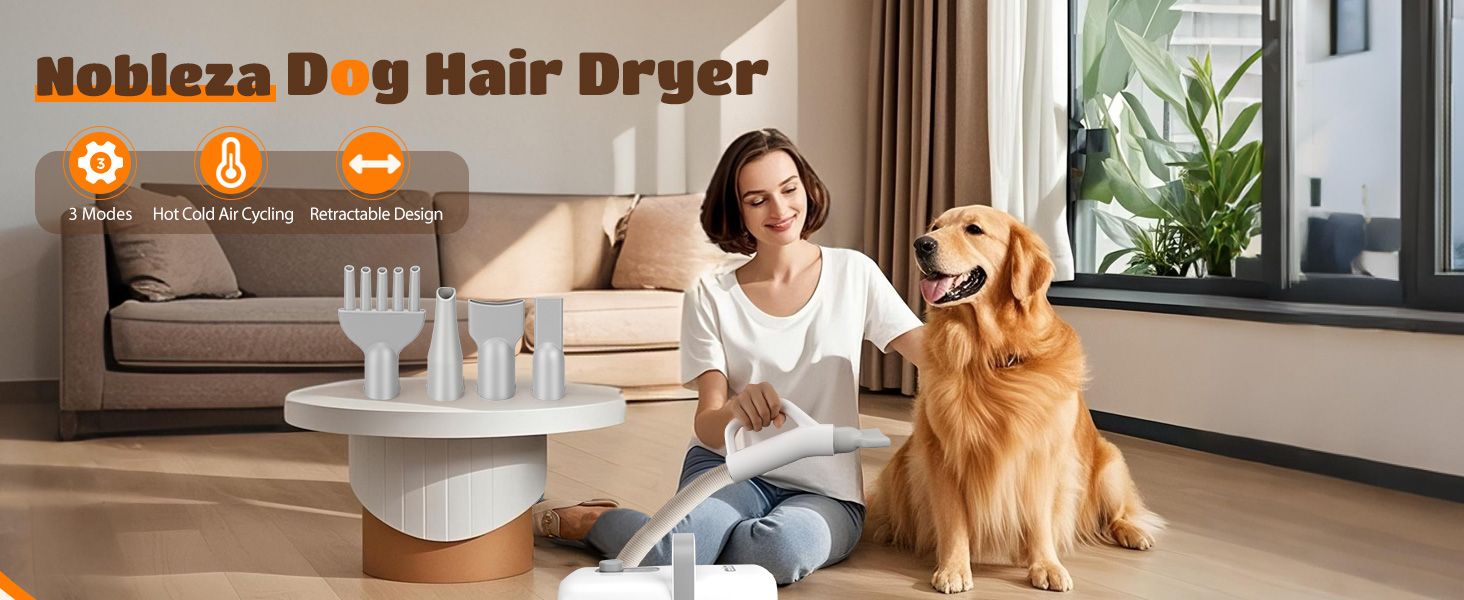 Професійний фен для грумінгу домашніх тварин Nobleza Pet Blower - 4 насадки, регулювання швидкості/тепла, тихий