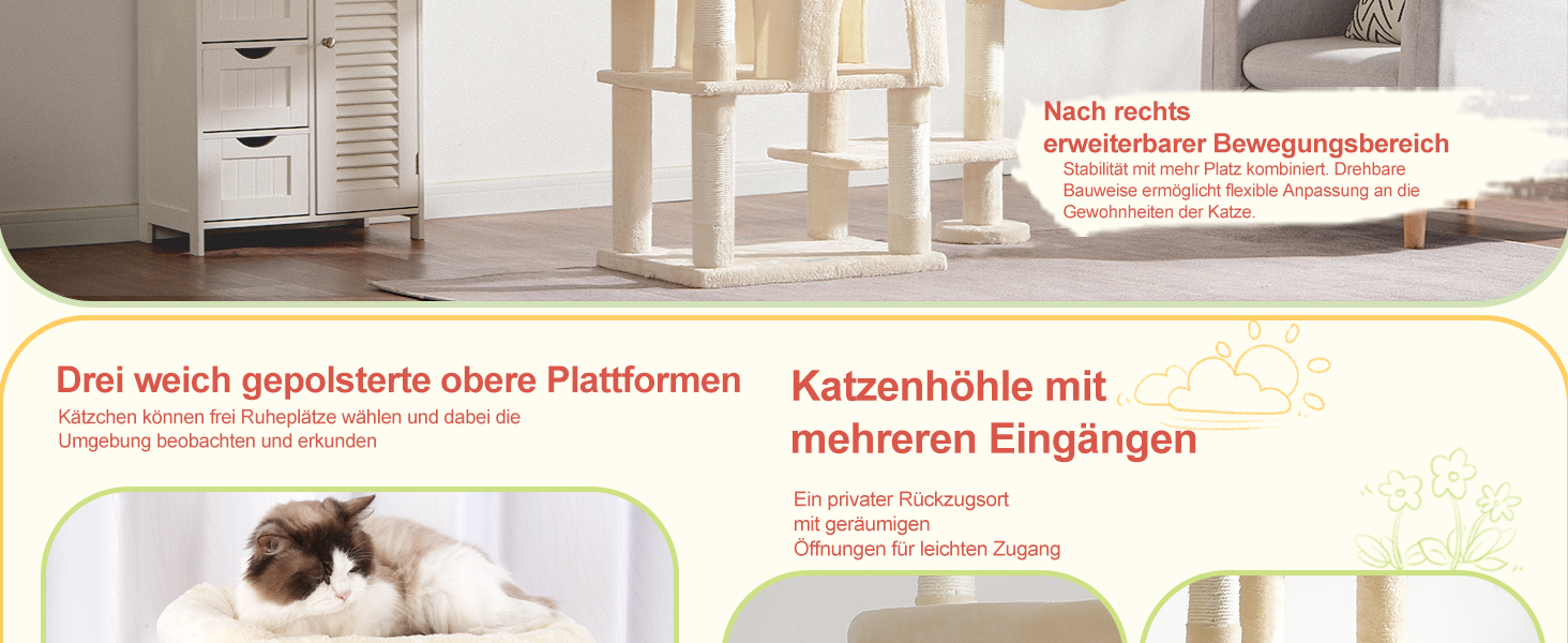 Котячий будиночок Hey-brother XXL для великих котів, 180 см, стабільний, з 3 платформами, 3 печерами та 2 котячими будиночками (Бежевий)