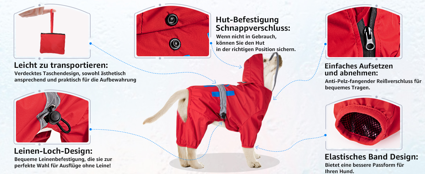 Водонепроникний дощовик для собак Eyein з капюшоном, отворами для шлейки та світловідбиваючими смугами, зручний у пранні та зберіганні, для маленьких собак