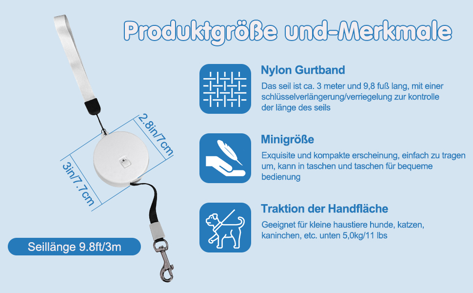 Рулетка для собак MiOYOOW, 3 м, автоматична, з відбиваючим тросом, для маленьких собак і котів, біла