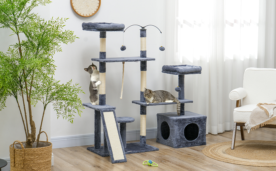 Кігтеточка PawHut для котів, 134 см, кігтеточний комплекс з платформами, іграшками та сизалевими стовпчиками, темно-сірий
