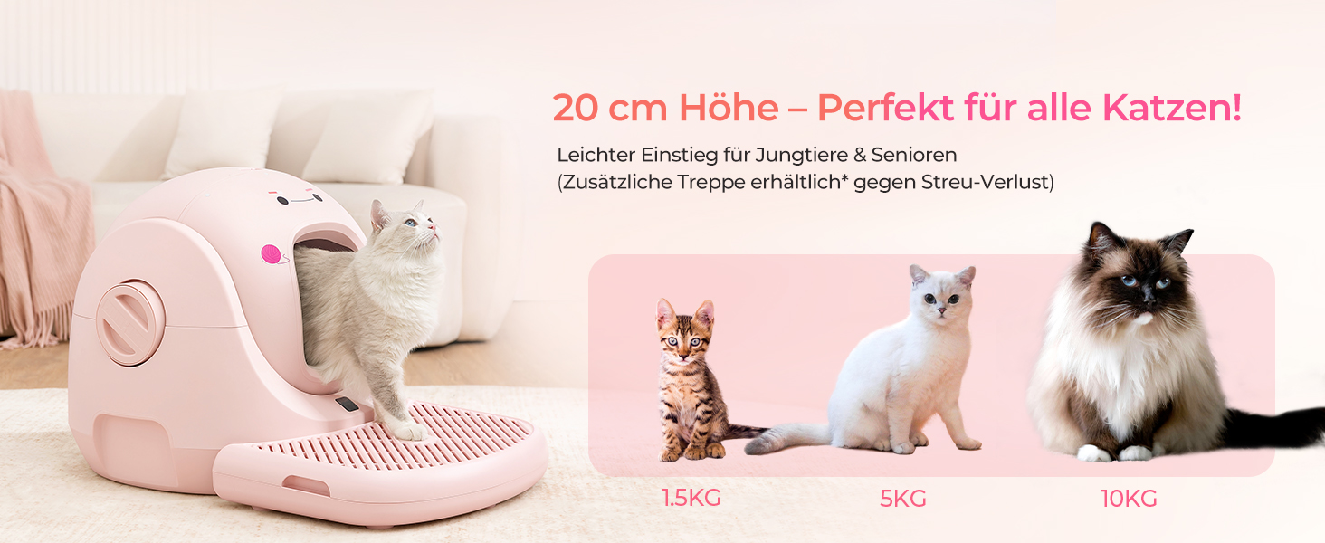 Лотки для котів CATLINK Baymax з автоочищенням, 70л, XXL, 7-рівневий захист від протікання, керування через додаток, розпізнавання кількості котів – підходить для кількох котів, білий (рожевий)