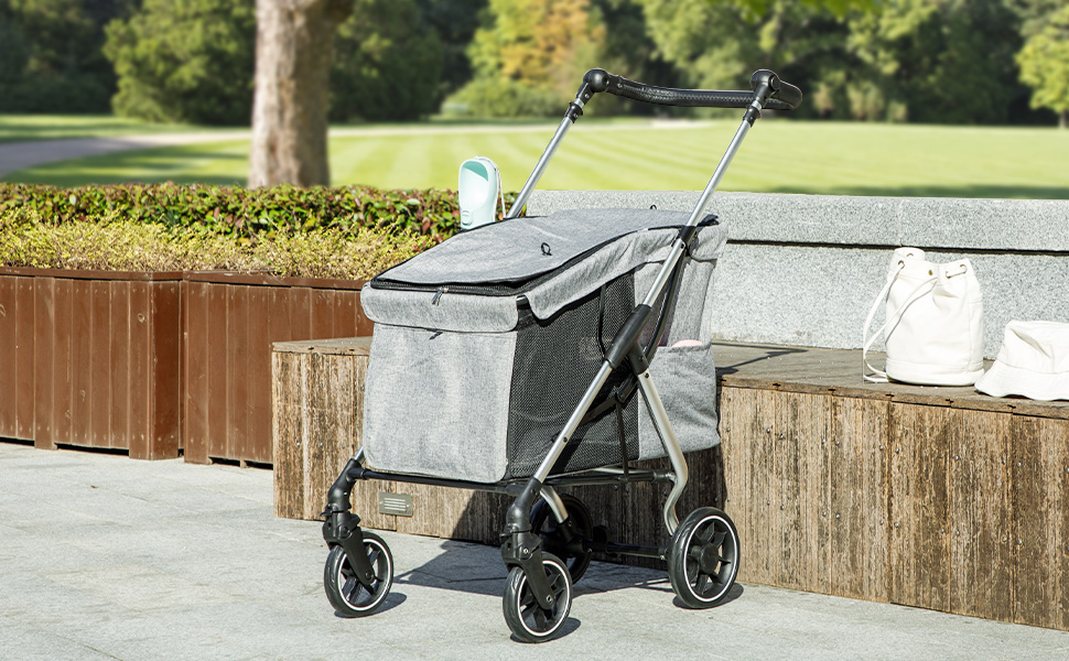 Візок для собак PawHut Faltний, маленький, з універсальними колесами, ременем безпеки, знімним килимком та вікном, сірий/світло-сірий, 80x48,5x106 см