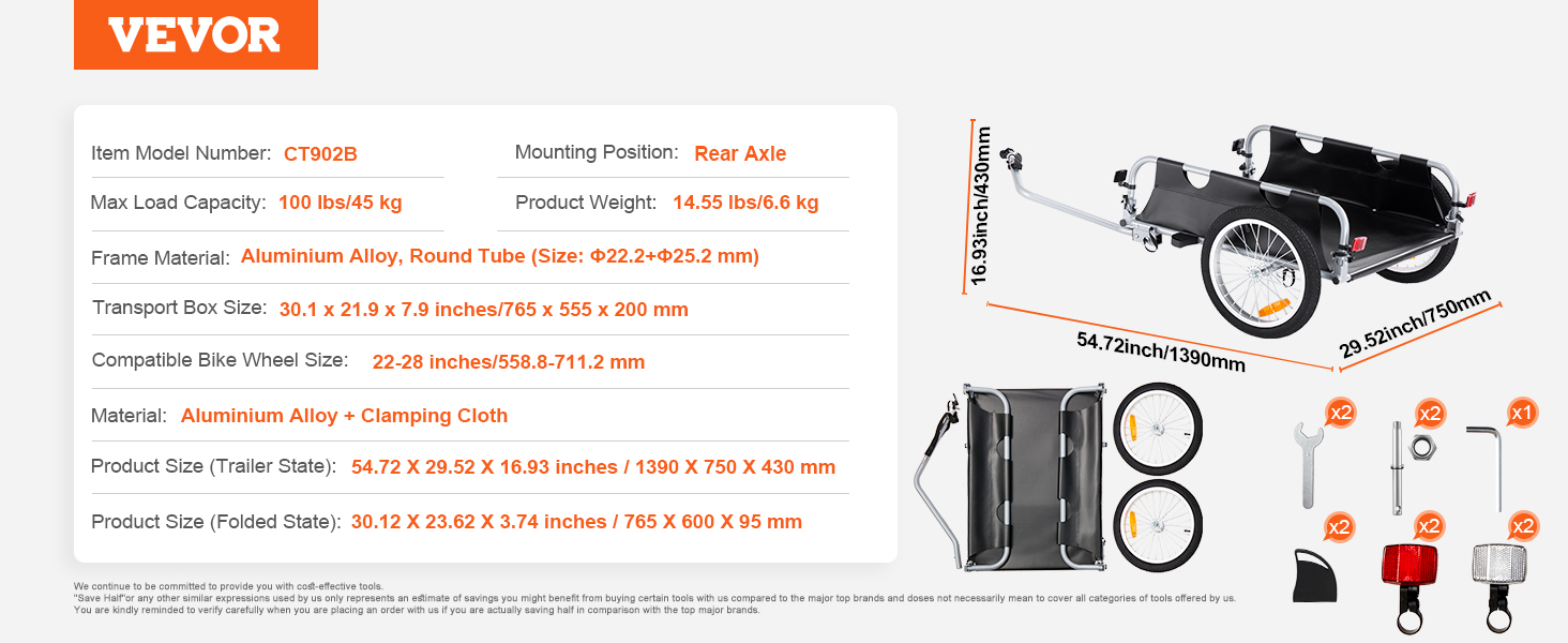 VEVOR Причіп для велосипеда, вантажопідйомність 88/100/72,6 кг, складаний, компактний, з універсальною муфтою, алюмінієвий каркас