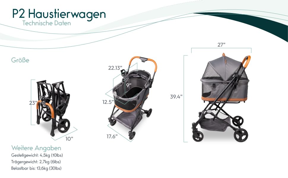 Візок для тварин WonderFold P2 для собак та котів з знімним кошиком, відкидним капюшоном з застібками та сітчастими віконцями, одноступеневе гальмо та легке складання, сірий колір Glacier Grey