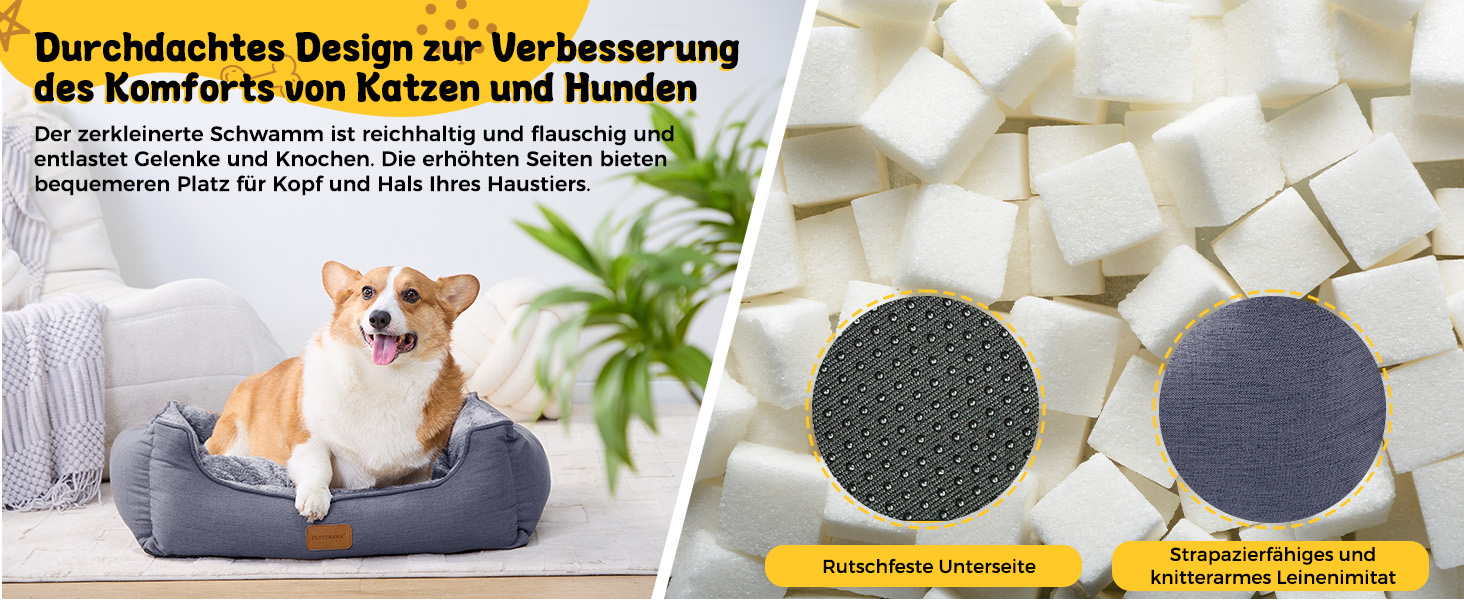 Ортопедичне ліжко для собак, малого та середнього розміру, 52x41x16 см, м'яке та комфортне, кошик для собак з високим бортиком, знімний та пральний чохол, неслизьке, для дому та автомобіля (темно-сірий, S)