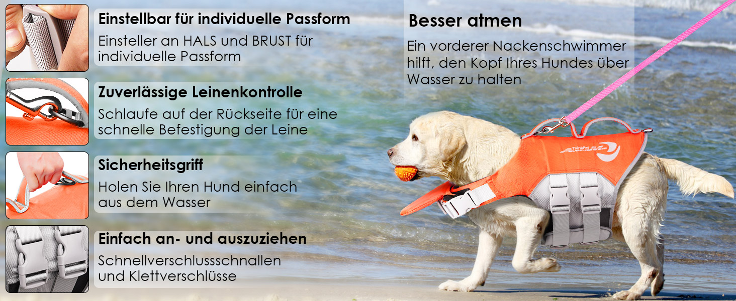 Жилет рятувальний для собак ThinkPet, помаранчевий, розмір L, з регулюванням та світловідбиваючими елементами