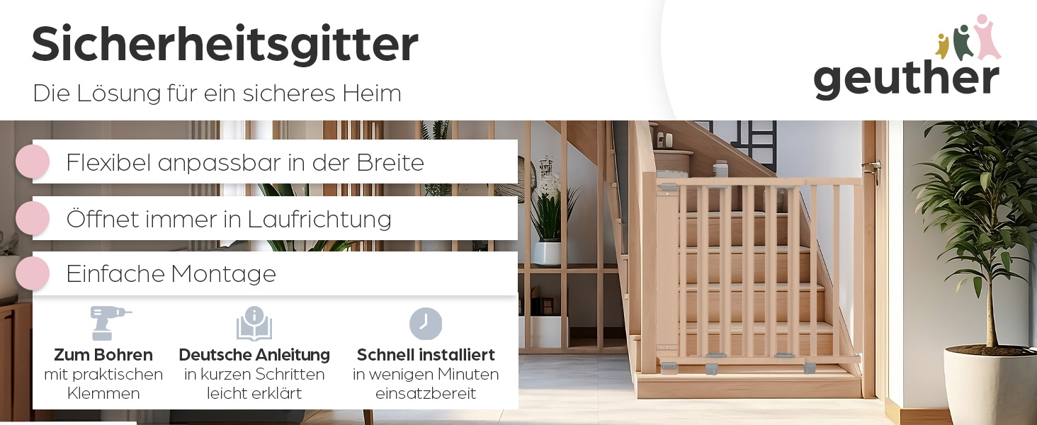 Захист для сходів Geuther Oris | Дверний захист для сходів з кріпленням, ширина 67-95 см | Стабільний захист з розпашною дверцятами | Дерев'яне дитяче гiтер, натуральний лак 67-95 см