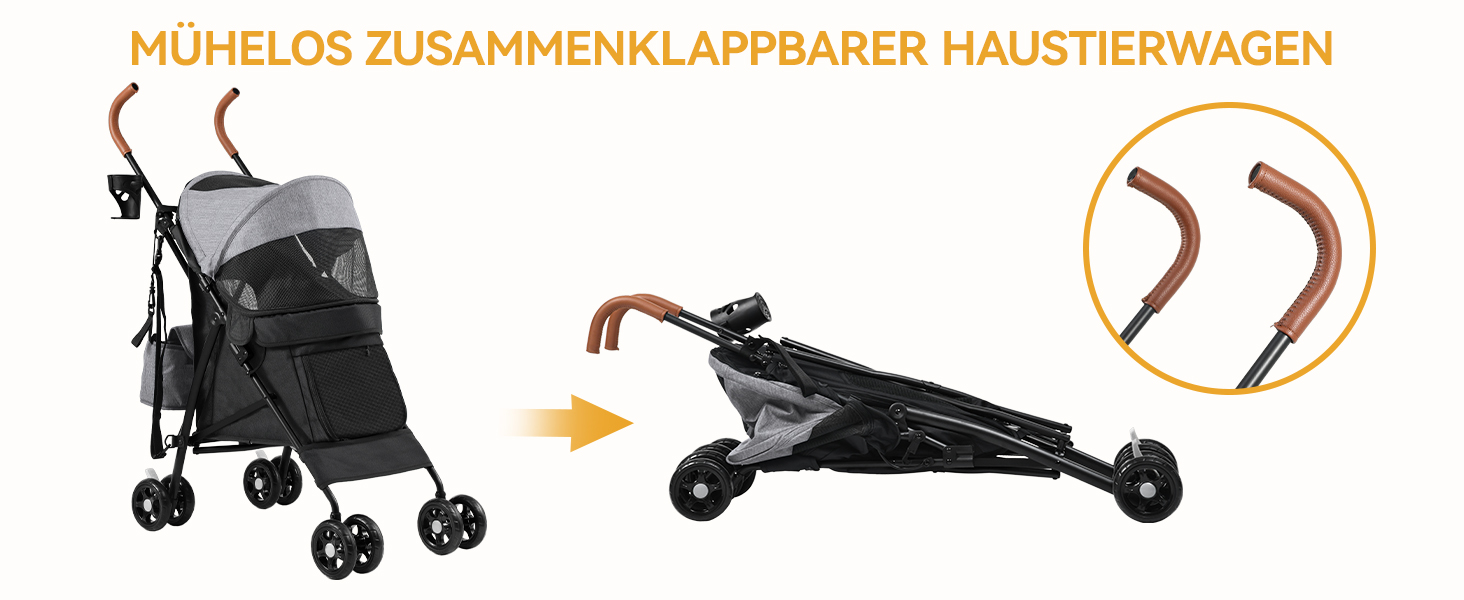 Візок для собак та котів DWVO - зручний та компактний, до 11,3 кг, сірий/чорний, 45x80x103 см