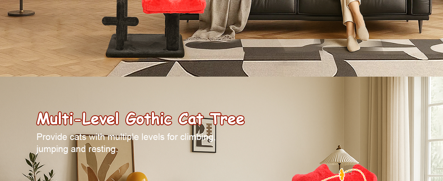 Котячий комплекс Gothic Halloween: стійка кімната з ліжком, будиночком та когтеточками, 84.5 см (Чорний/Червоний)