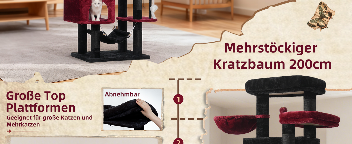 Великий котячий будиночок Kratzbaum: стабільний, 200 см, з платформами, гамаком, сизалевими стовпчиками (чорний та червоний)