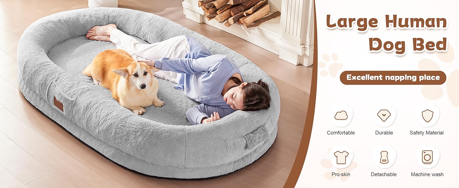 Крісло-ліжко для собак та людей, 180х122х25 см, велике крісло-мішок з ковдрою, овальне ліжко з штучного хутра, знімний великий матрац Memory Foam, сіре