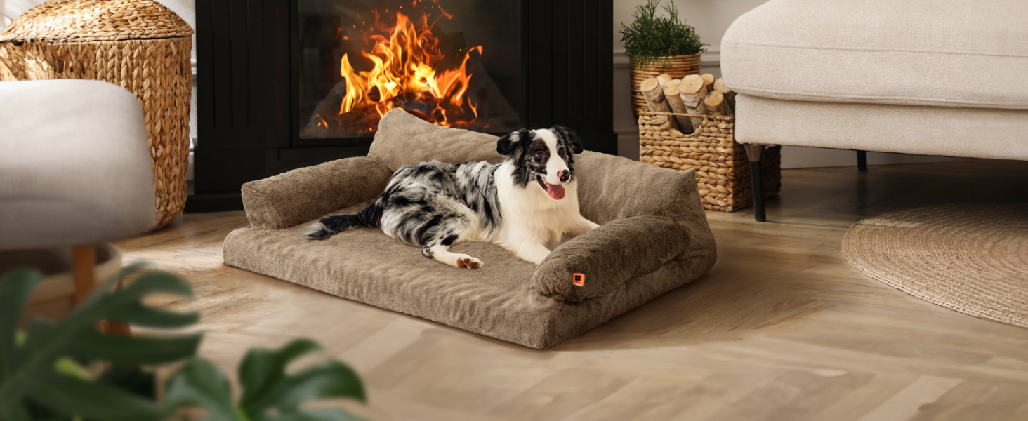 Ортопедичний лежак для собак MeWoofun, середній, водонепроникний, антистресовий плюшевий чохол, 90 x 65 x 30 см (Коричневий, L)