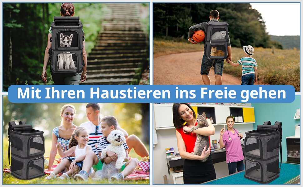 Рюкзак для котів та собак FASRIOU на 2 тварини до 12 кг, чорний, з матом та сіткою