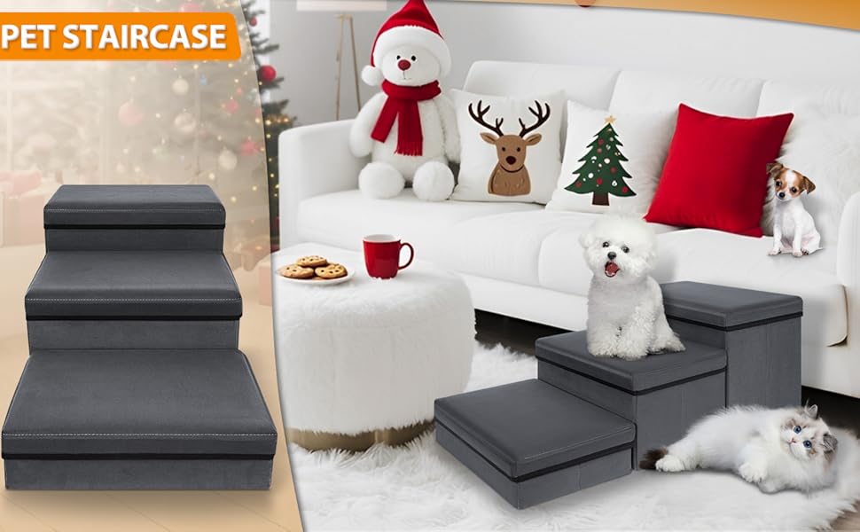 Сходинки для собак зі зберіганням, 2 сходинки, складані, широкі, антиковзні, для собак та котів, сірий, 60×40×30 см