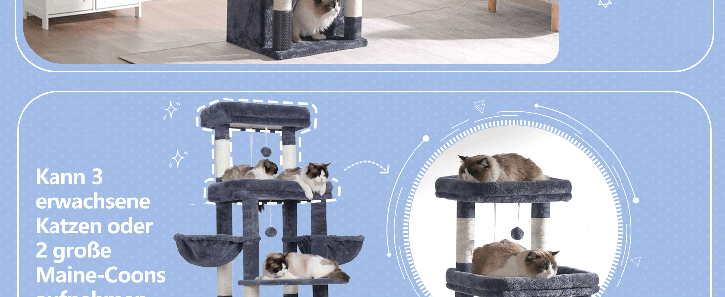 Котячий будиночок Hey-brother Kratzbaum для великих котів та Мейн-кунів, багатоярусний, стабільний, з 2 платформами, 2 котячими будиночками, великою печерею та щіткою, EMPJ070W (димно-сірий)