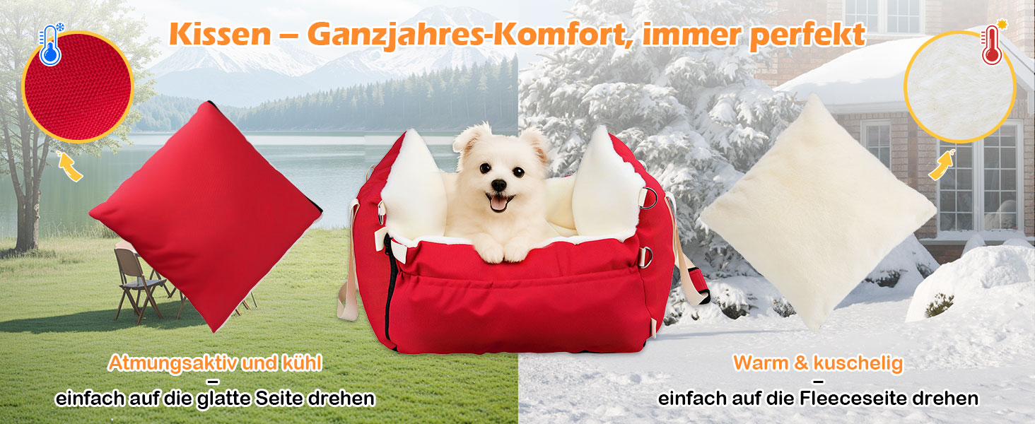 Автокрісло для собак 3-в-1 - переносна ліжко для маленьких собак, з розширеною лежачою поверхнею та м'яким матрацом, для переднього або заднього сидіння, внутрішнє та зовнішнє використання (червоний)