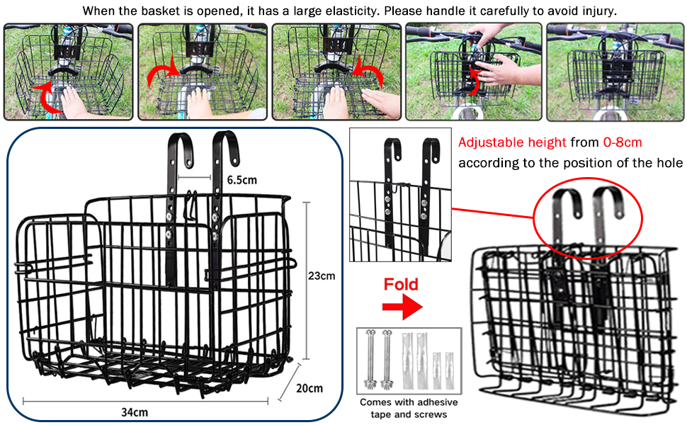 Складаний велосипедний кошик SUQ з чорною нейлоновою сумкою, сталева велосипедна корзина, для тварин, покупок, подорожей, кемпінгу та відпочинку на природі (Чорний)