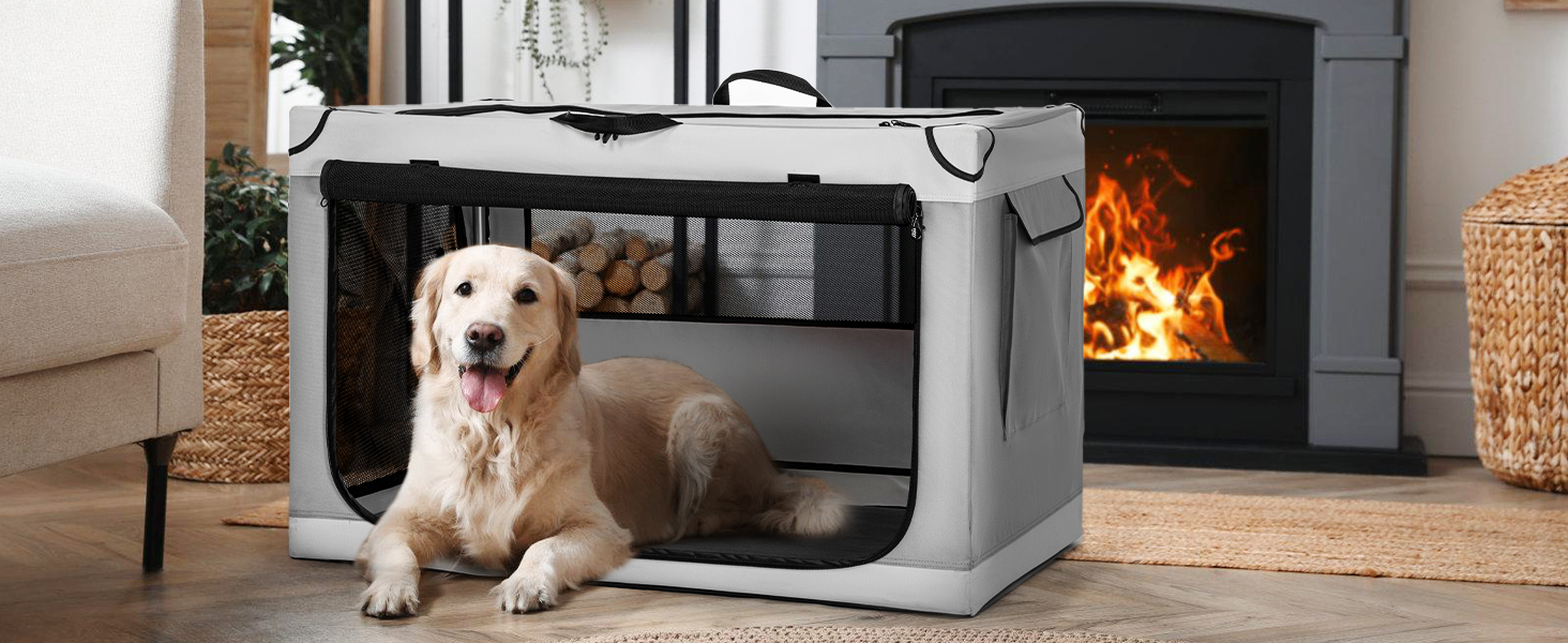 Складаний бокс для великих собак Petsfit, світло-сірий, L 91×61×59 см, міцна транспортна клітка з вентиляційною сіткою для дому та подорожей