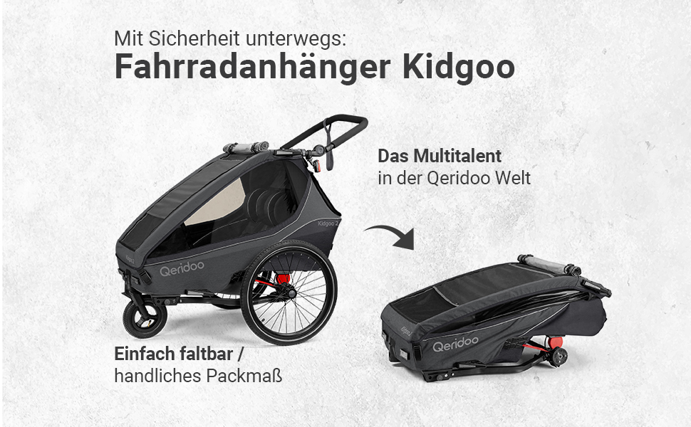 Qeridoo Kidgoo 2 Steel Grey: Причіп для велосипеда 2 дітей з амортизацією та системою ARS | Дитяча коляска-причіп | Складаний дитячий причіп-візок | Qeridoo